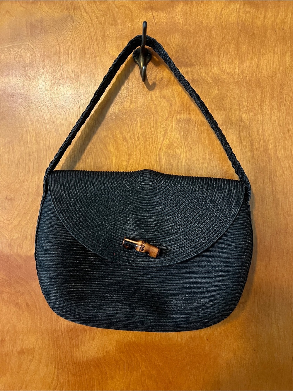 Y2K Eric Javits Black Woven Shoulder Bag with Bamboo Accent